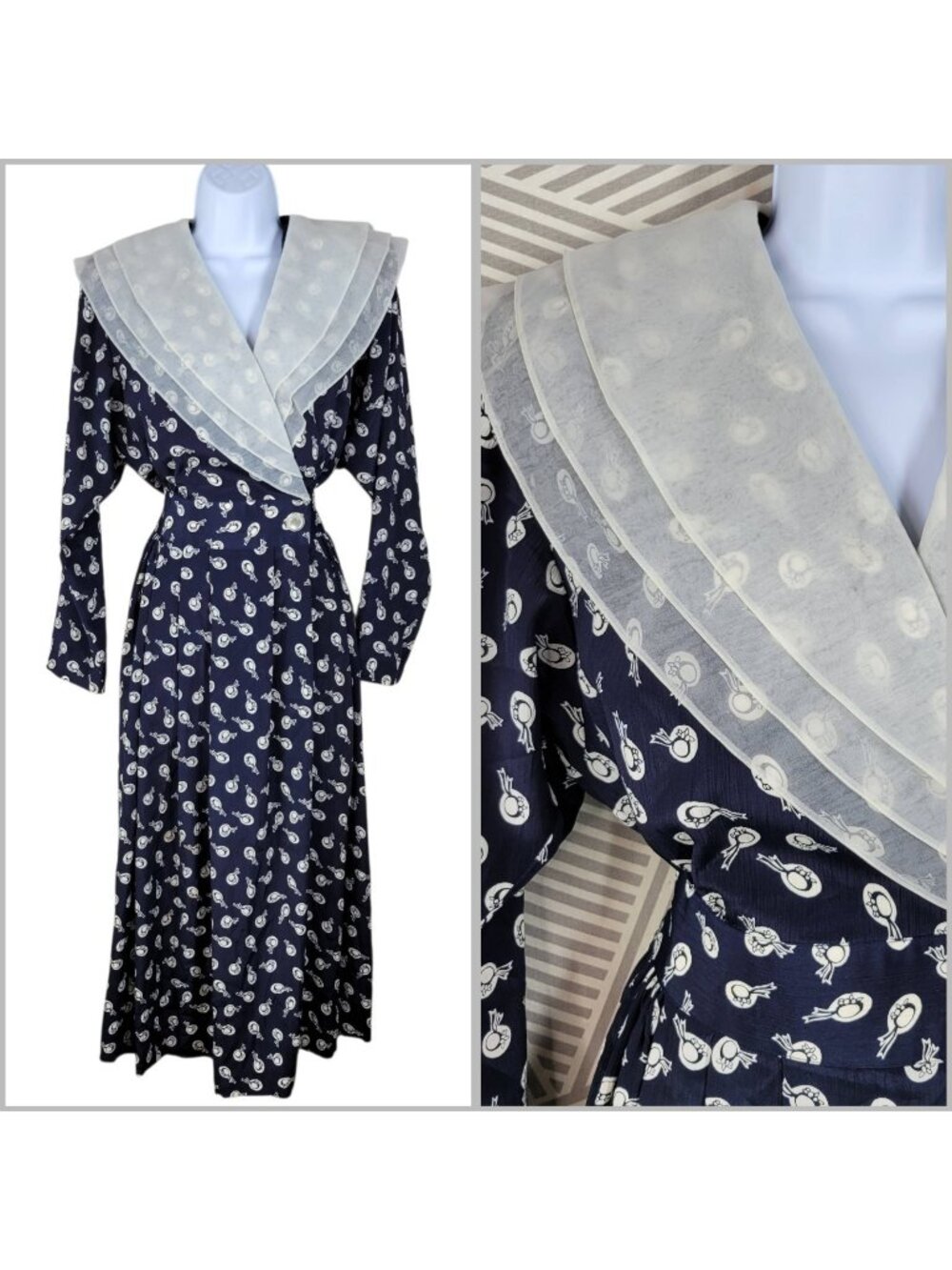 Suit Shirt Dress size 8-10 Alt Secretary Button Up Lace Collar Hat Navy Vintage